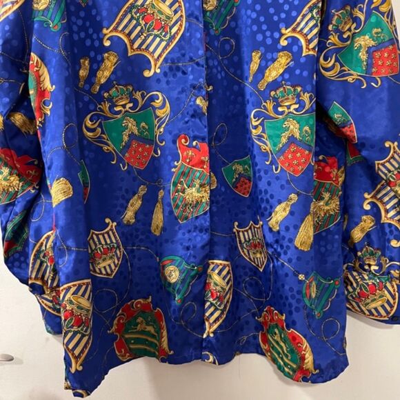 VTG Pierre Balmain Paris Royal Blue Printed Silk ButtonDown Long Sleeve Top Sz 3 - Picture 4 of 9
